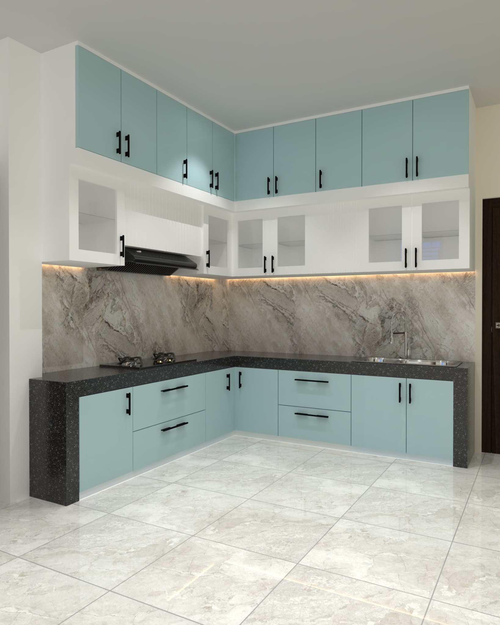 L-shaped kitchen design at Hathazari, Chittagong, with mint and white cabinets, black worktop, stone-pattern backsplash, and under-cabinet lighting