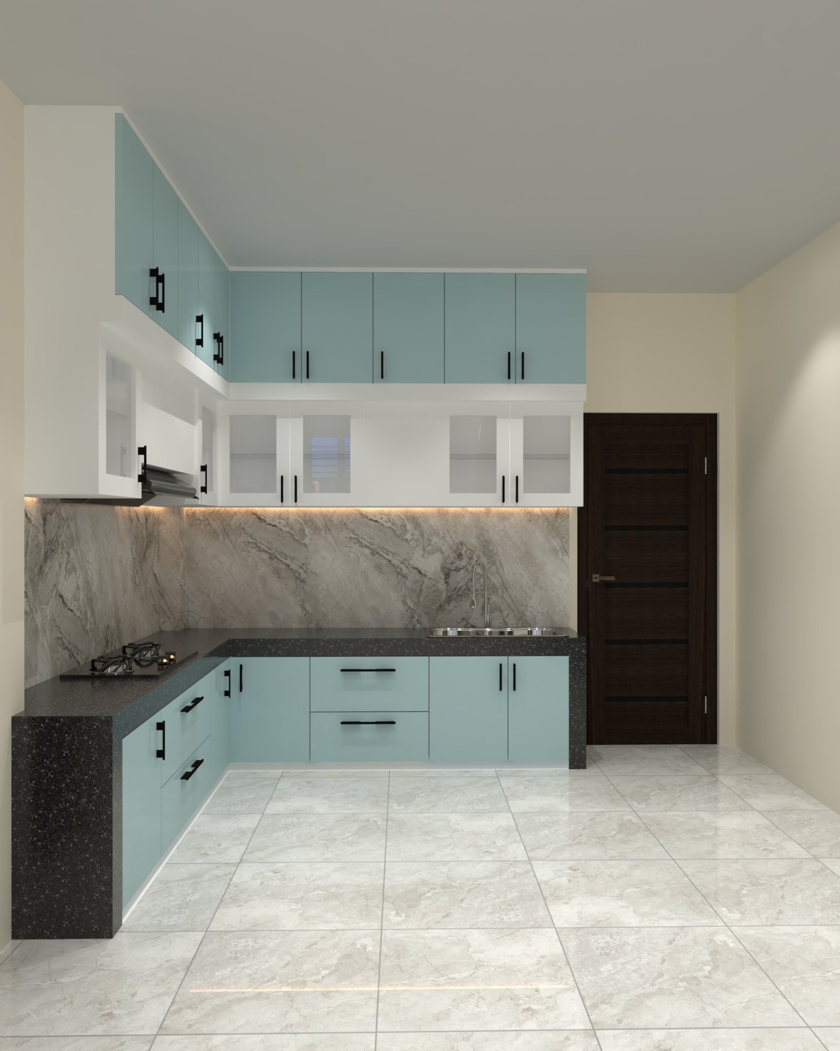 Hathazari kitchen — Mint and white kitchen — sink, hob, and storage layout