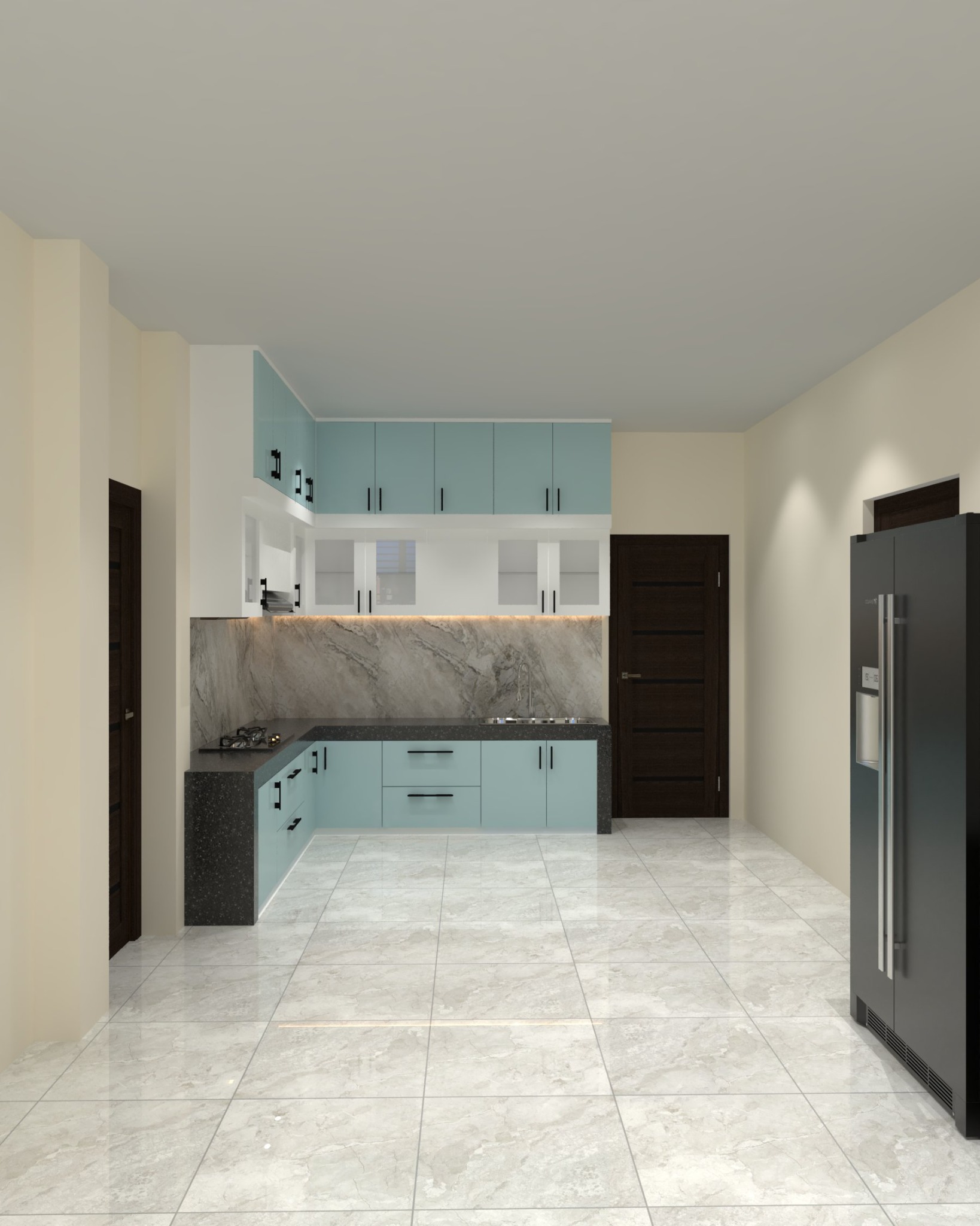 Hathazari kitchen — Mint and white kitchen — wide view with refrigerator zone