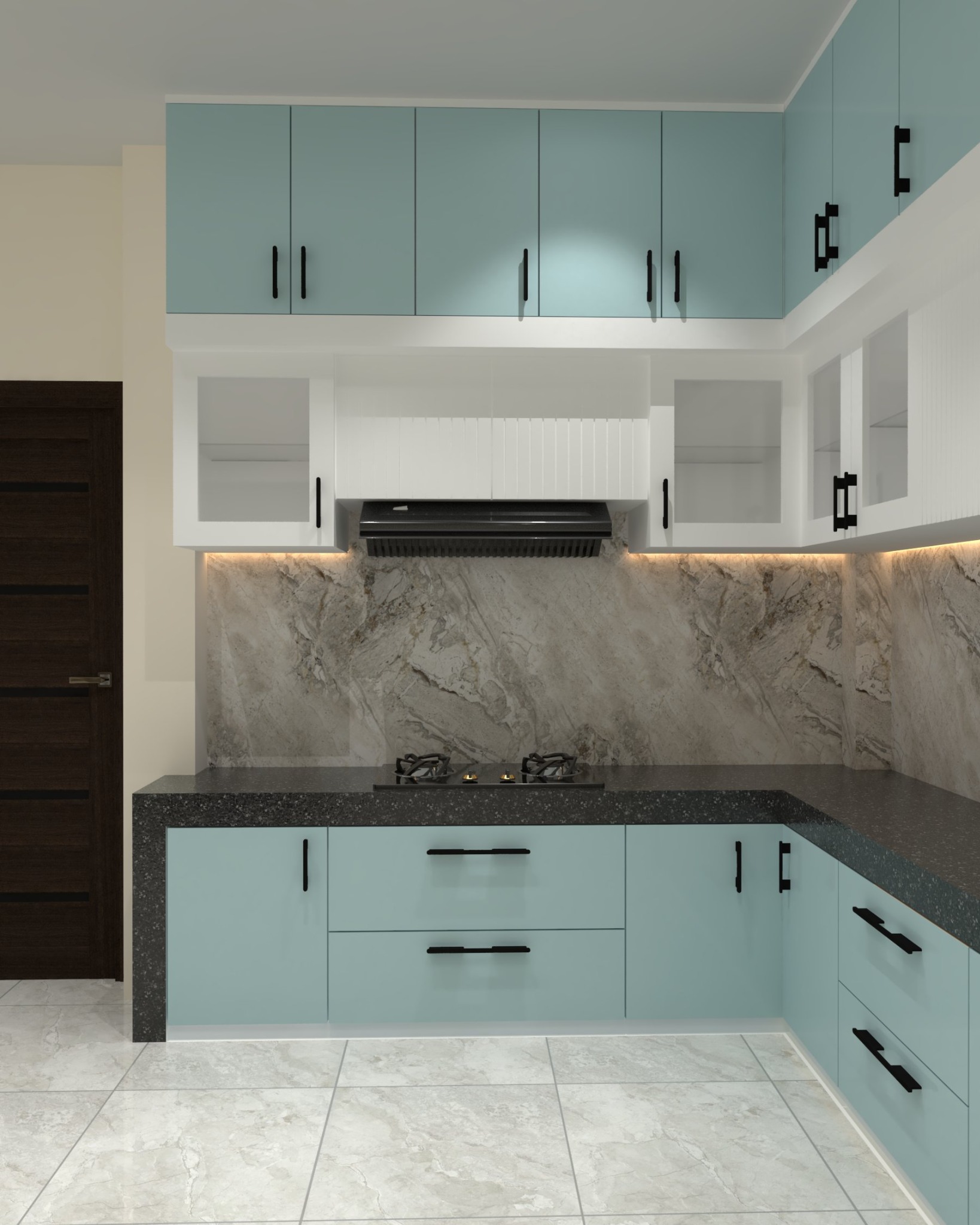 Hathazari kitchen — Mint and white kitchen — hob wall and upper cabinets