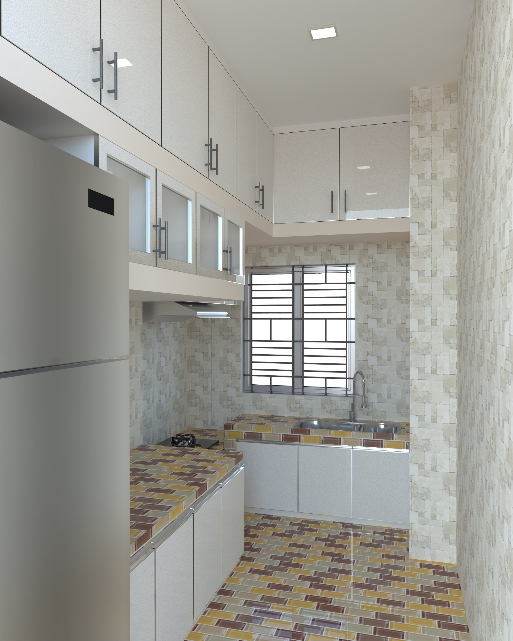 Custom kitchen cabinet design at Hillview, Chittagong, with full-height overhead storage, glass-front cabinets, lower units, and refrigerator enclosure