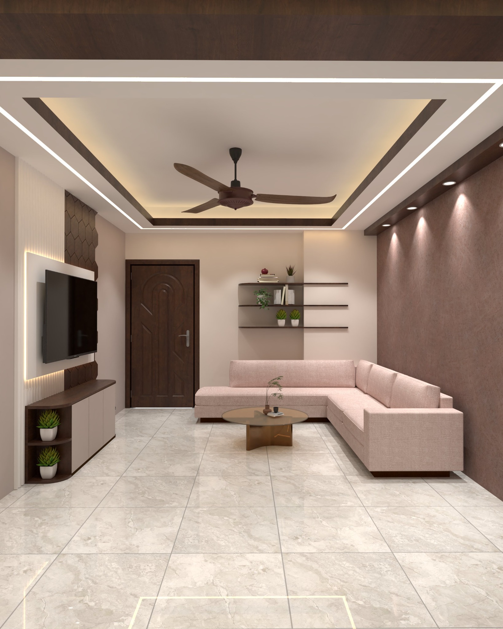 Apartment Interior Design at Lalkhan Bazar — living room with pink seating and ceiling lighting